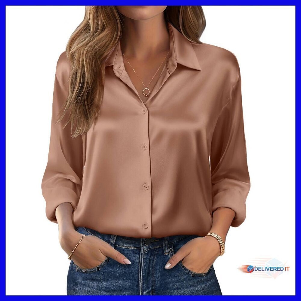 Long Sleeve Satin Button Down Blouse - Business Casual Fall Top